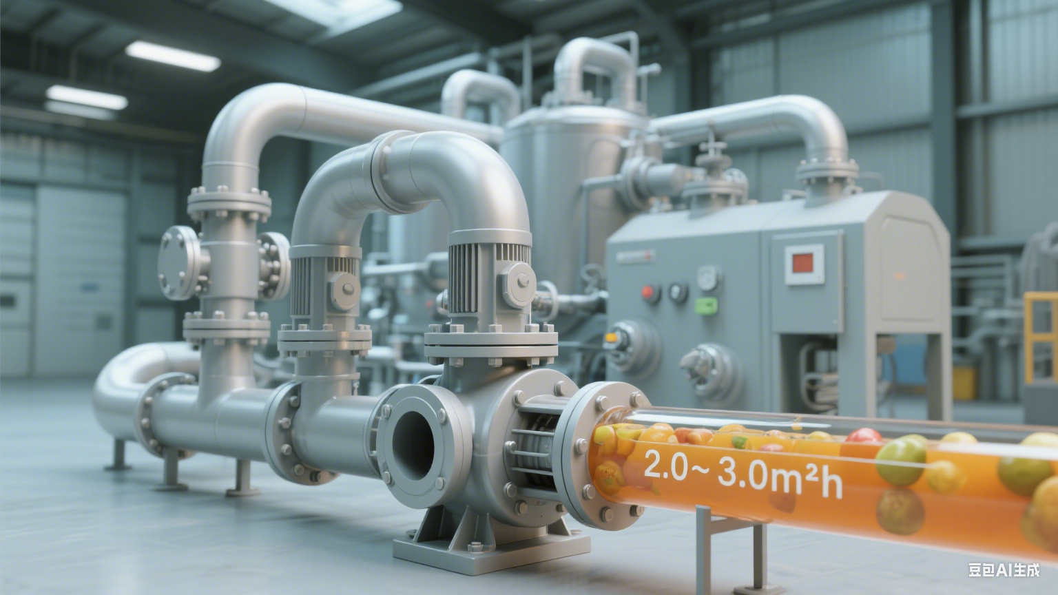 果蔬加工生產(chǎn)線蒸發(fā)系統(tǒng)調(diào)試現(xiàn)場，工人站在不銹鋼控制面板前，屏幕顯示真空度 0.07MPa、溫度 52℃，旁側(cè)放置濁度儀，設(shè)備管道為銀白色不銹鋼材質(zhì)，無泄漏痕跡