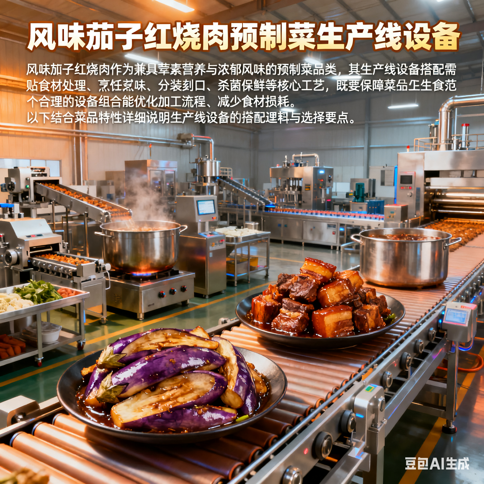 風(fēng)味茄子紅燒肉飯盒預(yù)制菜，生產(chǎn)線設(shè)備如何搭配？(圖1)